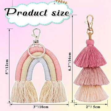 Hicarer 2 Pieces Boho Rainbow Keychains Pom Pom Tassel Macrame Keychains for Women(Fresh Color)