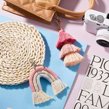 Hicarer 2 Pieces Boho Rainbow Keychains Pom Pom Tassel Macrame Keychains for Women(Fresh Color)