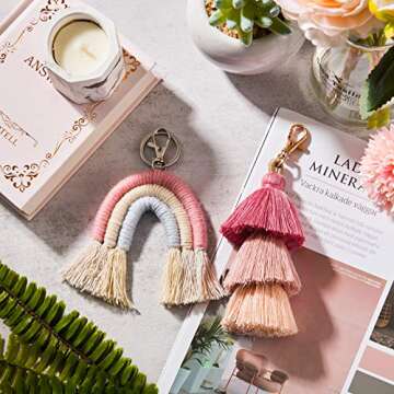 Hicarer 2 Pieces Boho Rainbow Keychains Pom Pom Tassel Macrame Keychains for Women(Fresh Color)