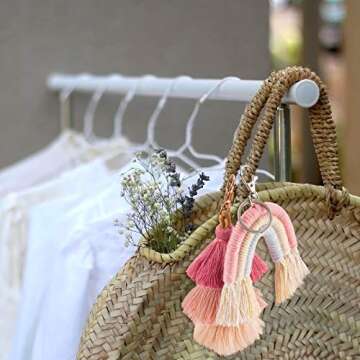 Hicarer 2 Pieces Boho Rainbow Keychains Pom Pom Tassel Macrame Keychains for Women(Fresh Color)