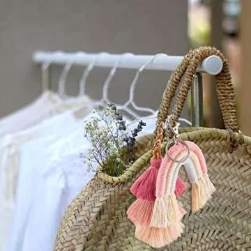 Hicarer 2 Pieces Boho Rainbow Keychains Pom Pom Tassel Macrame Keychains for Women(Fresh Color)