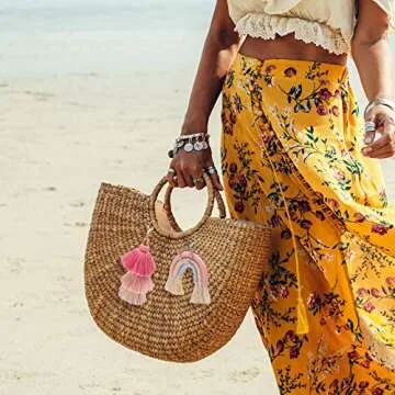 Hicarer 2 Pieces Boho Rainbow Keychains Pom Pom Tassel Macrame Keychains for Women(Fresh Color)