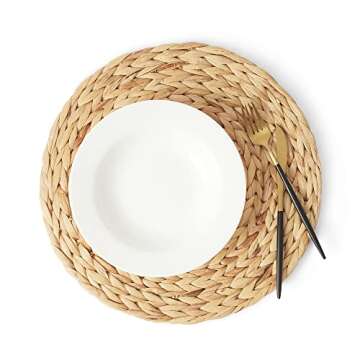 Artera Round Woven Placemats - Set of 8, Natural Wicker, Water Hyacinth Straw Braided, Heat Resistan...