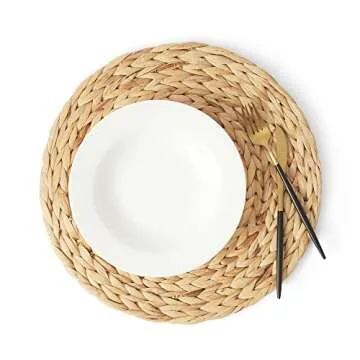 Artera Round Woven Placemats - Set of 8, Natural Wicker, Water Hyacinth Straw Braided, Heat Resistan...