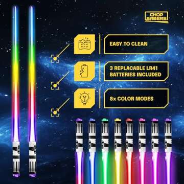 LIGHTSABER CHOPSTICKS LIGHT UP STAR WARS LED Glowing Light Saber Chop Sticks REUSABLE Sushi Lightup Sabers Bright LEDs - 8 Color Modes - 2 Pairs