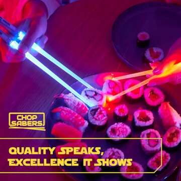 LIGHTSABER CHOPSTICKS LIGHT UP STAR WARS LED Glowing Light Saber Chop Sticks REUSABLE Sushi Lightup Sabers Bright LEDs - 8 Color Modes - 2 Pairs