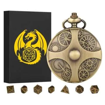 Mini DND Dice Set with Bronze Steampunk Gear Pocket Watch Shell Case, 7pcs Polyhedral Metal DND Dice...