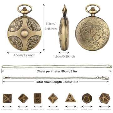 Mini DND Dice Set with Bronze Steampunk Gear Pocket Watch Shell Case, 7pcs Polyhedral Metal DND Dice Set, D&D Gifts with Gift Box, Role Playing Board Games DND Accessories