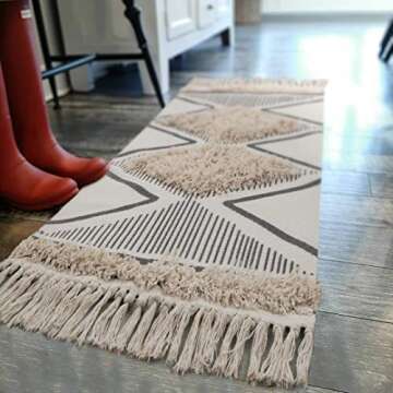 Boho Kitchen Runner Rug, 2' x 4.3' Washable Cotton Farmhouse Bathroom Rug Runner Tufted Woven Geometric Runner Rugs Indoor Carpet with Tassels for Laundry Room Hallway Kitchen Sink