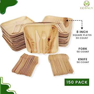 ECONLY party pack of 150 | Eco-friendly Palm Leaf Plates with Cutlery | 50 Disposable 8" Square, 50 ...