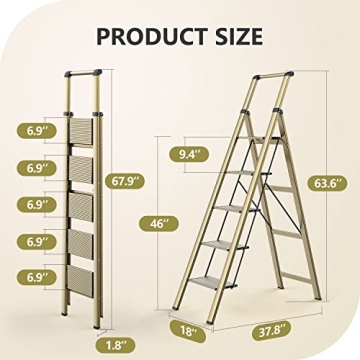WOA WOA 5 Step Ladder Lightweight Anti-Slip Portable Gold
