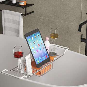 iPEGTOP Stainless Steel Bathtub Caddy Tray - Over Bath Tub Racks Shower Organizer with Extending Sides, Removable Wine Glass Book Holder