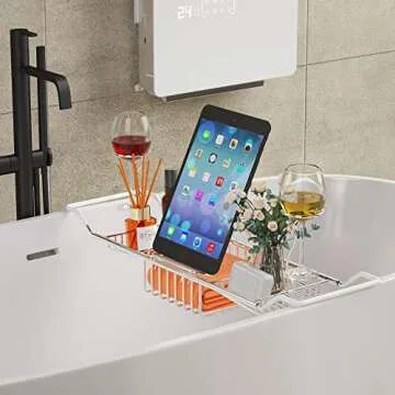 iPEGTOP Stainless Steel Bathtub Caddy Tray - Over Bath Tub Racks Shower Organizer with Extending Sides, Removable Wine Glass Book Holder