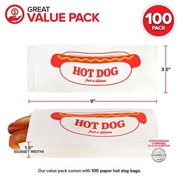 Paper Hot Dog Bags (100 Pack) - Microwavable Paper Hot Dog Sleeves - Concession Stand Hot Dog Wrappe...