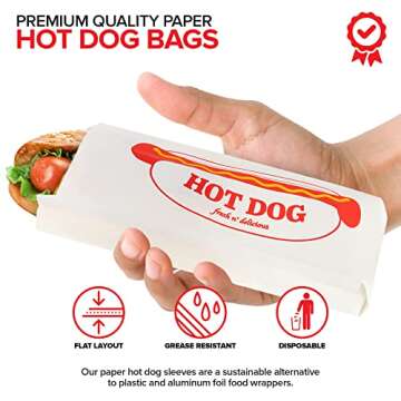 Paper Hot Dog Bags (100 Pack) - Microwavable Paper Hot Dog Sleeves - Concession Stand Hot Dog Wrappers - Leak Resistant Hot Dog Bags for Food Stands, Food Trucks, Take Out, Delivery - Stock Your Home