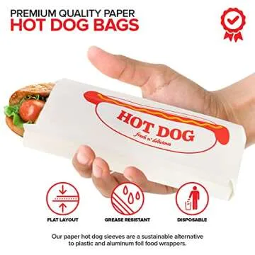Paper Hot Dog Bags (100 Pack) - Microwavable Paper Hot Dog Sleeves - Concession Stand Hot Dog Wrappers - Leak Resistant Hot Dog Bags for Food Stands, Food Trucks, Take Out, Delivery - Stock Your Home