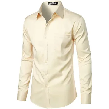 ZEROYAA Men's Urban Stylish Slim Fit Dress Shirt - Beige, Small