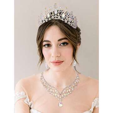 SWEETV Wedding Crown for Bride, 3-pack Tiara Earrings Necklace, Bridal Jewelry Set, Iridescent Cryst...