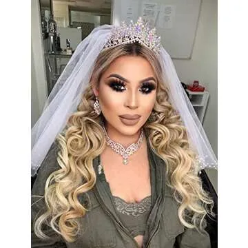 SWEETV Wedding Crown for Bride, 3-pack Tiara Earrings Necklace, Bridal Jewelry Set, Iridescent Crystal Costume Party Birthday Prom Pageant Jewelry for Women for Ages 15+,Multicolored