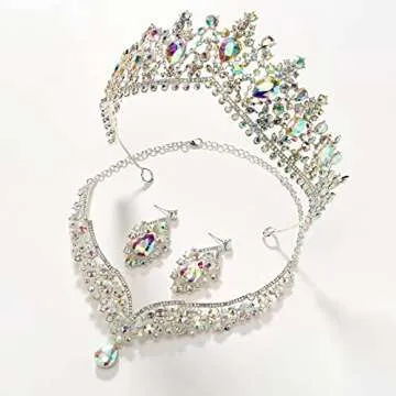 SWEETV Wedding Crown for Bride, 3-pack Tiara Earrings Necklace, Bridal Jewelry Set, Iridescent Crystal Costume Party Birthday Prom Pageant Jewelry for Women for Ages 15+,Multicolored