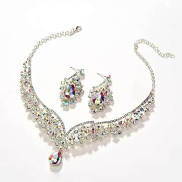 SWEETV Wedding Crown for Bride, 3-pack Tiara Earrings Necklace, Bridal Jewelry Set, Iridescent Crystal Costume Party Birthday Prom Pageant Jewelry for Women for Ages 15+,Multicolored