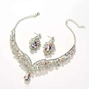 SWEETV Wedding Crown for Bride, 3-pack Tiara Earrings Necklace, Bridal Jewelry Set, Iridescent Crystal Costume Party Birthday Prom Pageant Jewelry for Women for Ages 15+,Multicolored