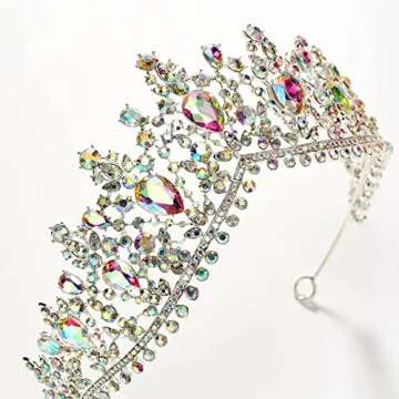 SWEETV Wedding Crown for Bride, 3-pack Tiara Earrings Necklace, Bridal Jewelry Set, Iridescent Crystal Costume Party Birthday Prom Pageant Jewelry for Women for Ages 15+,Multicolored