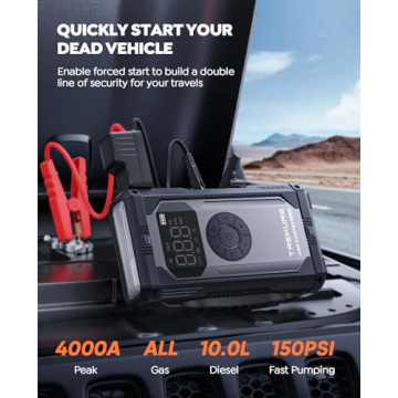 Portable Car Jump Starter with Air Compressor, TREKURE 150PSI 4000A Car Battery Jump Starter (All Gas/10L Diesel), 12V Jump Box Car Battery Jumper Starter Portable with LCD Display, Lights