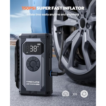 Portable Car Jump Starter with Air Compressor, TREKURE 150PSI 4000A Car Battery Jump Starter (All Gas/10L Diesel), 12V Jump Box Car Battery Jumper Starter Portable with LCD Display, Lights