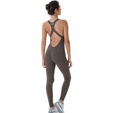 AUROLA Power Workout Jumpsuit for Women Yoga Gym Seamless One Piece Racerback Padded Bra Jumpsuit,Chestnut Brown,XS
