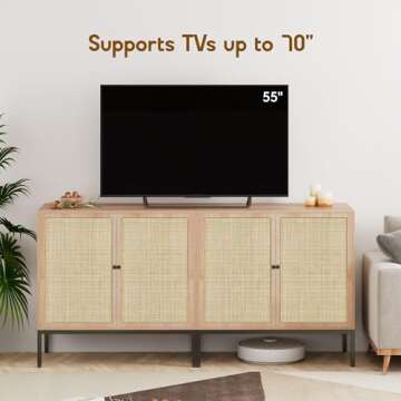 Sideboard Cabinet with Natural Rattan Hand-Woven Doors, Rattan Cabinet Console Table with Storage, Accent Credenza Buffet Cabinet, for Living Room Dining Room Hallway Entryway-2 Pieces, Natural