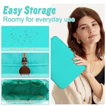 Nylon Large Makeup Bag Travel Pouch for Women, Preppy Big Makeup Bag Cute Cosmetic Zipper Pouch Purse, DIY Chenille Letter Bag Waterproof Toiletry Bag Clutch Make Up Organizer for Women Girls(Mint)