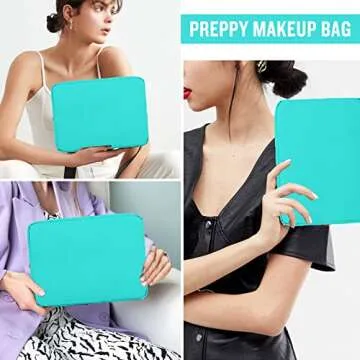 Nylon Large Makeup Bag Travel Pouch for Women, Preppy Big Makeup Bag Cute Cosmetic Zipper Pouch Purse, DIY Chenille Letter Bag Waterproof Toiletry Bag Clutch Make Up Organizer for Women Girls(Mint)