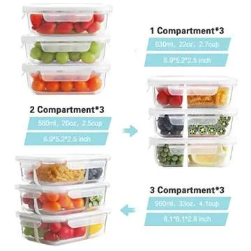 Bayco 9 Pack Glass Meal Prep Containers 3 & 2 & 1 Compartment, Glass Food Storage Containers with Li...