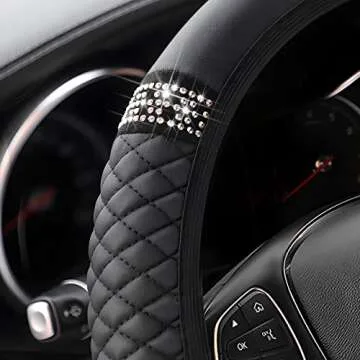 Bling Soft Leather Steering Wheel Cover Protector, 15 Inch Colorful Rhinestones Auto Elastic, Sparkly Crystal Diamond for Women Girls, Car Interior Accessories for Most Cars (Black)