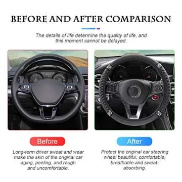 Bling Soft Leather Steering Wheel Cover Protector, 15 Inch Colorful Rhinestones Auto Elastic, Sparkly Crystal Diamond for Women Girls, Car Interior Accessories for Most Cars (Black)