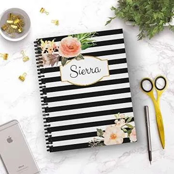 Classic Floral Personalized Notebook/Journal, Laminated Soft Cover, 120 pages of your selected paper, lay flat wire-o spiral. Size: 8.5” x 11”. Made in the USA