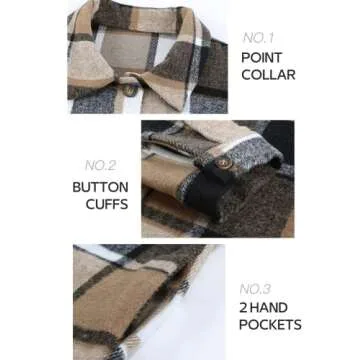 Qiaomai Womens Fall Shacket Jacket Plaid Flannel Wool blend Button Down Shirt Coats (#1Khaki-L)