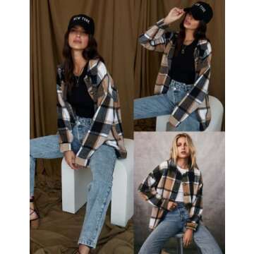 Qiaomai Womens Fall Shacket Jacket Plaid Flannel Wool blend Button Down Shirt Coats (#1Khaki-L)