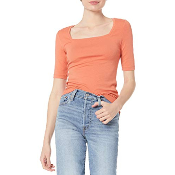 Amazon Essentials Women's Slim-Fit Half Sleeve Square Neck T-Shirt in Rust Orange