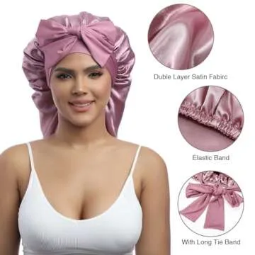 AWAYTR Long Satin Bonnet for Women - Double Layer Elastic Silk Bonnet for Braids Hair Sleeping Cap with Tie Band (Rose Gold)