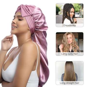 AWAYTR Long Satin Bonnet for Women - Double Layer Elastic Silk Bonnet for Braids Hair Sleeping Cap with Tie Band (Rose Gold)