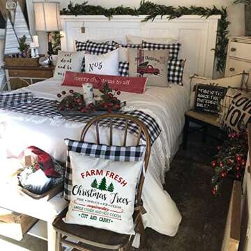 AENEY Farmhouse Christmas Pillow Cover 18x18 inch Farm Fresh Christmas Tree Throw Pillow for Christmas Decor Farm Sign Christmas Decorations Throw Pillow Cover