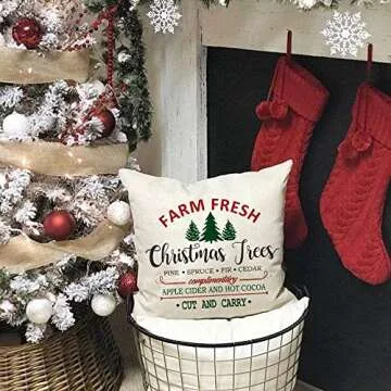 AENEY Farmhouse Christmas Pillow Cover 18x18 inch Farm Fresh Christmas Tree Throw Pillow for Christmas Decor Farm Sign Christmas Decorations Throw Pillow Cover