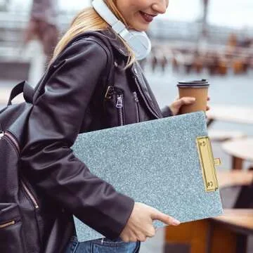 Piasoenc Acrylic Clipboards, Fashion Glitter Clip Board with Low Profile Gold Clip, Designed for Classroom School and Office Use, A4 Letter Size 9 x 12.5 in, Ice Blue