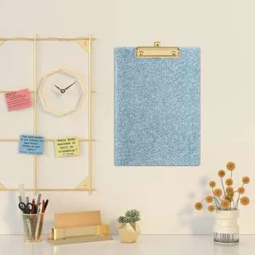 Piasoenc Acrylic Clipboards, Fashion Glitter Clip Board with Low Profile Gold Clip, Designed for Classroom School and Office Use, A4 Letter Size 9 x 12.5 in, Ice Blue