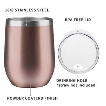 COMOOO Stainless Steel Wine Tumbler with Lid, 12 OZ | Double Wall Vacuum Insulated Travel Tumbler Cup for Coffee, Wine, Cocktails, Ice Cream Cup With Lid (Rose gold)