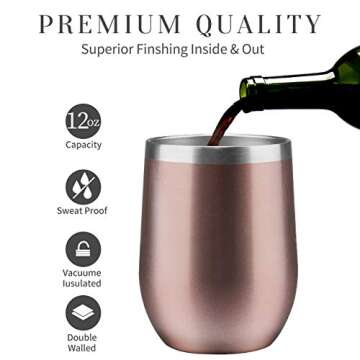 COMOOO Stainless Steel Wine Tumbler with Lid, 12 OZ | Double Wall Vacuum Insulated Travel Tumbler Cup for Coffee, Wine, Cocktails, Ice Cream Cup With Lid (Rose gold)