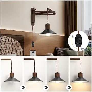 Vintage Wood Plug in Wall Sconce with Dimmable Switch - Ideal Gift