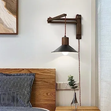 Vintage Wood Plug in Wall Sconce with Dimmable Switch - Ideal Gift